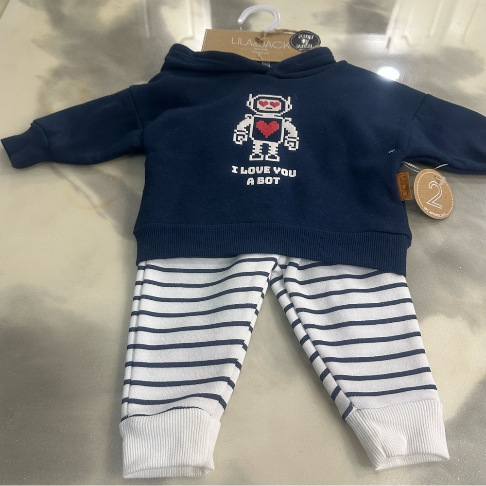 Lila & Jack Navy Robot “ I Love You A Bot” Hoodie and Striped Pants Set | NWT